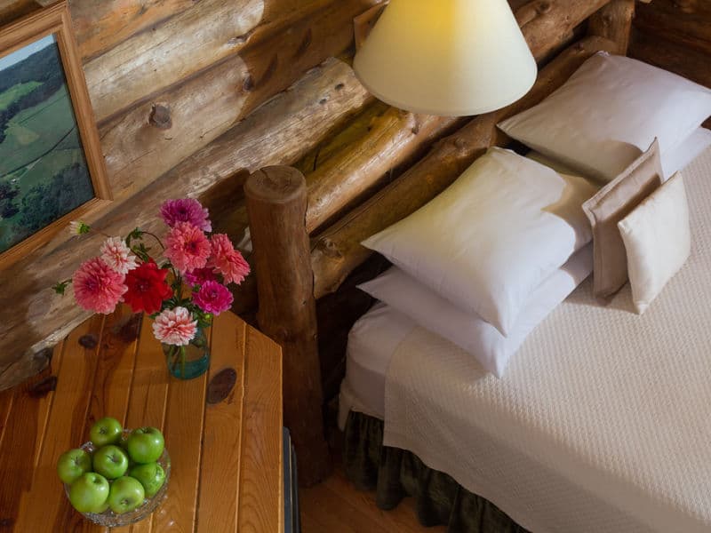 View from loft looking down on first-floor bedroom with log bed and fireplace topped with a vase of flowers and bowl of green apples.
