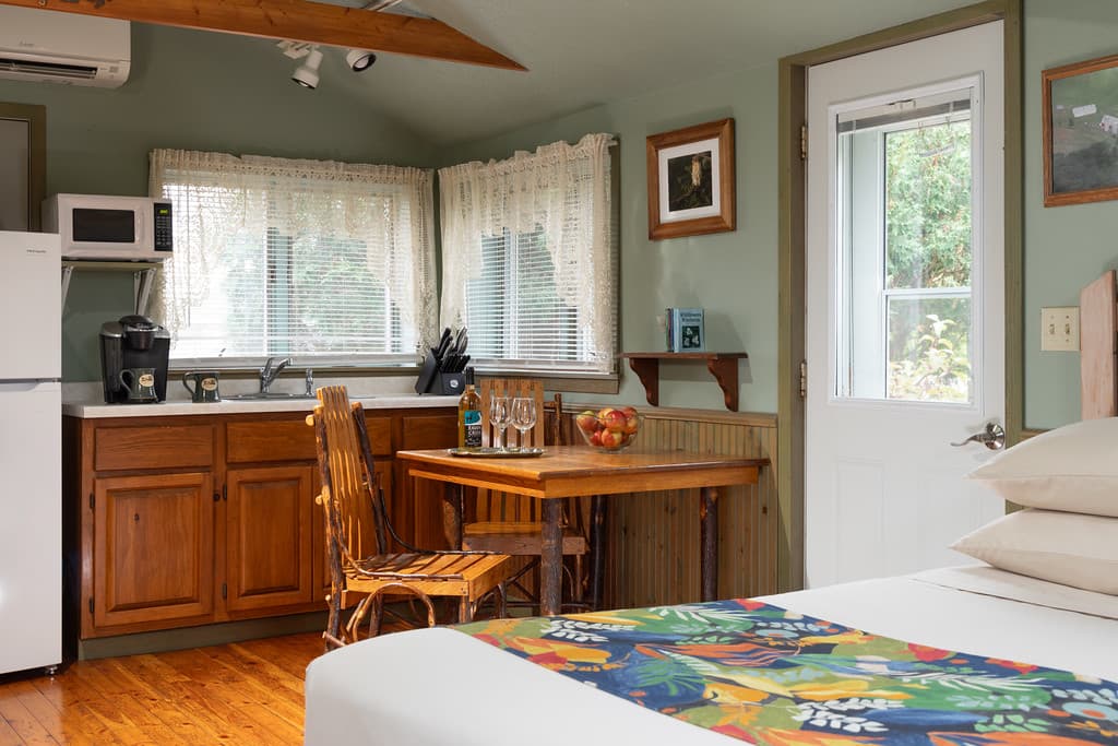 Bedroom with kitchenette, dining table, and bed