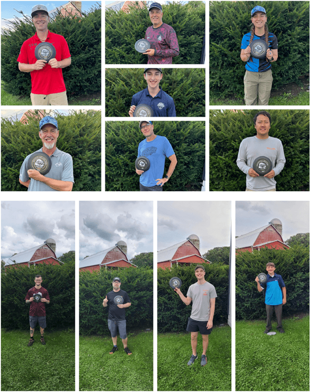 A collage of nine individuals holding discs, each posing outdoors in front of a leafy backdrop.