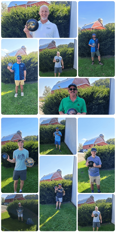 A collage of individuals smiling and holding frisbees outdoors in front of greenery and a barn.