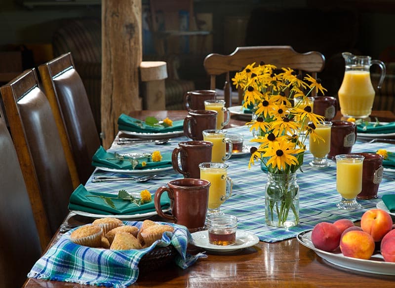 A table set with a checkered blue and green tablecloth, white plates, green napkins, coffee cups, glasses of orange juice, a basket of muffins, and a bowl of fresh peaches