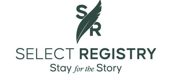 Logo of Select Registry featuring the text "Stay for the Story" and a stylized feather design.