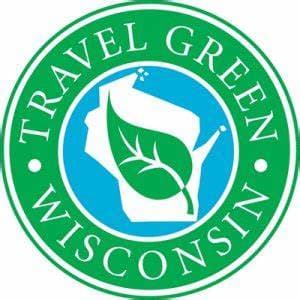 Logo for Travel Green Wisconsin featuring a green leaf and a map outline of Wisconsin.