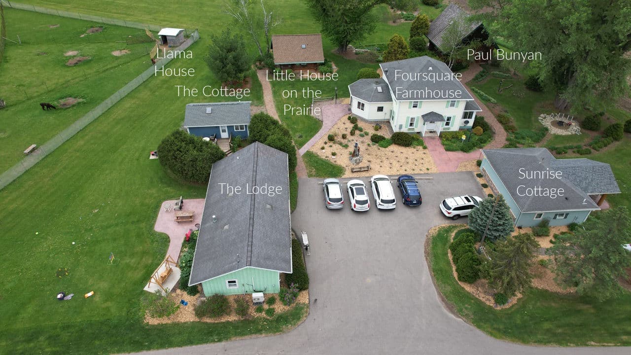 Aerial view of several buildings named Llama House, The Cottage, Little House on the Prairie, Foursquare Farmhouse, Paul Bunyan, The Lodge, and Sunrise Cottage, set in a green landscape.